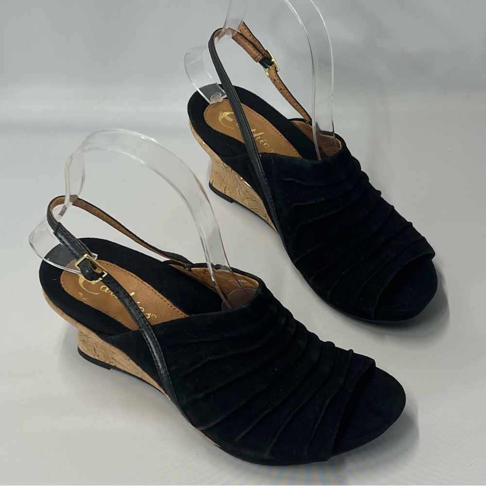 EARTHIES women’s Black Slingback Sandals 6.5B Wedge Cork Heel